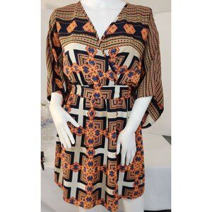 Geometric Print Kimono Sleeve V-Neck Mini Dress wit Tie Waist By Peach Love